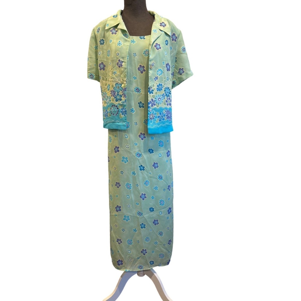 K Studio Womens 14 Floral Maxi Dress and Shirt Set Green Blue 2 Piece Vintage